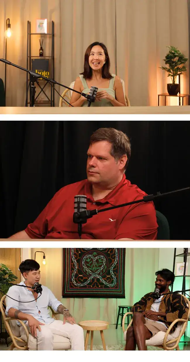 Creative production studio collage showing multi guest podcast setups
